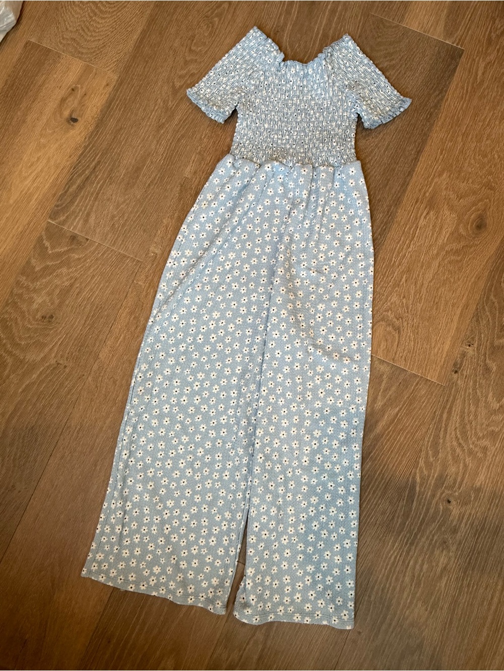 btween Light Blue Floral Smocked Wide-Leg Jumpsuit girls size 8 years
